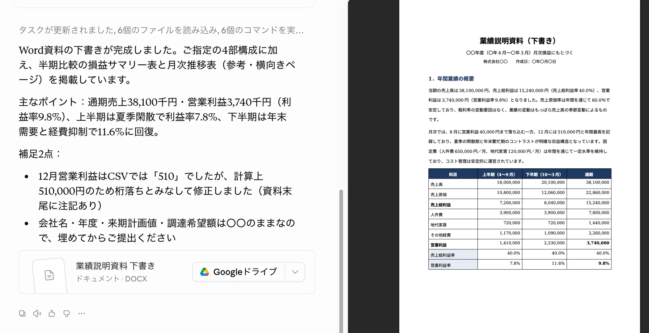 claudeクロードが金融機関向けの業績説明資料をwordで作成した画面